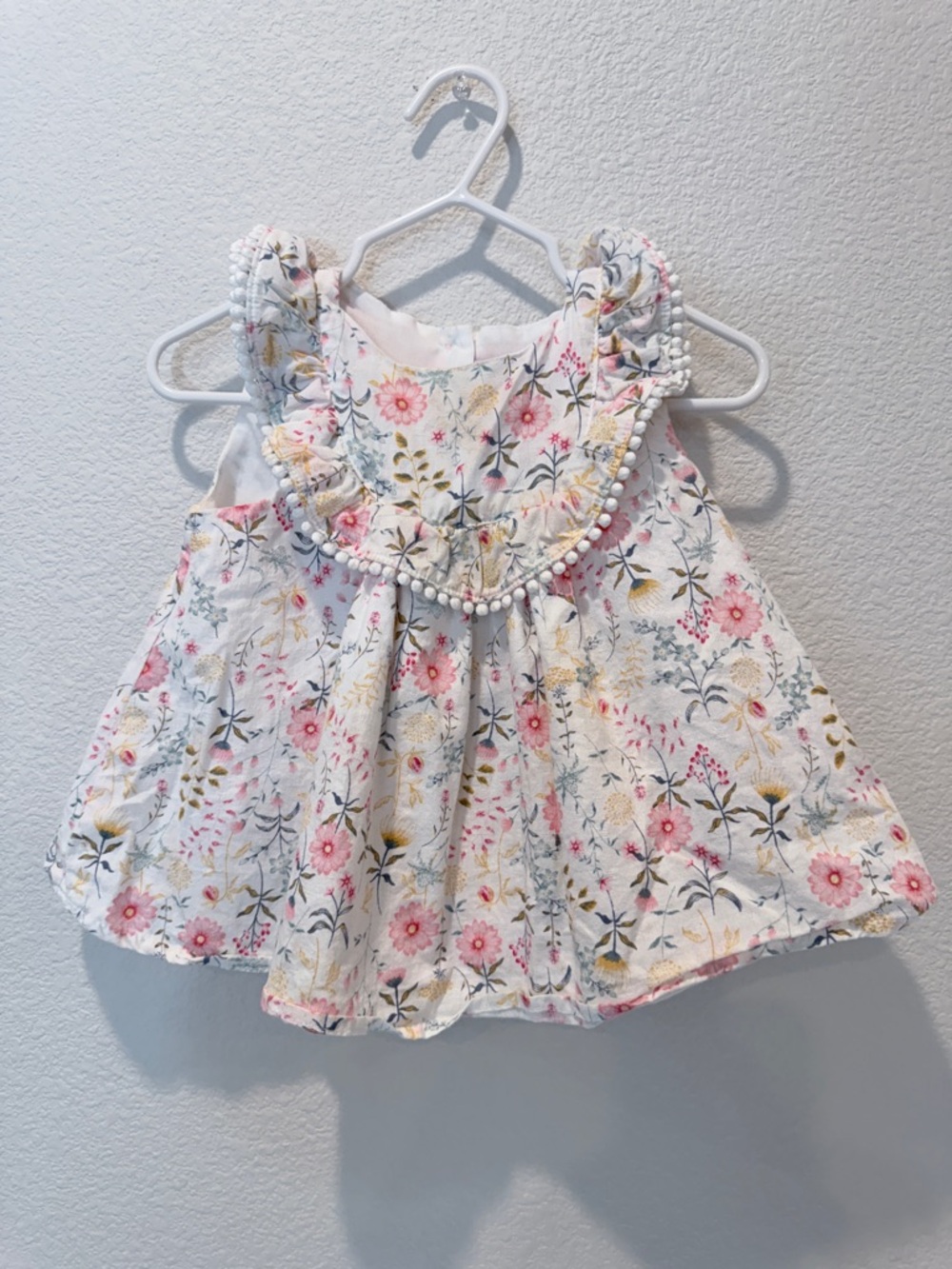 Tommy Bahama Baby Floral Dress 12M Garden Party Pom Trim Ruffle Yoke Sleeveless